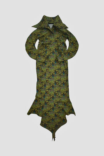 ENTHEOS TEUTHIDA 05/26 - YEAR 1 DRAPING FINAL JACKET. PEACOCK PRINT DENIM. 1/6