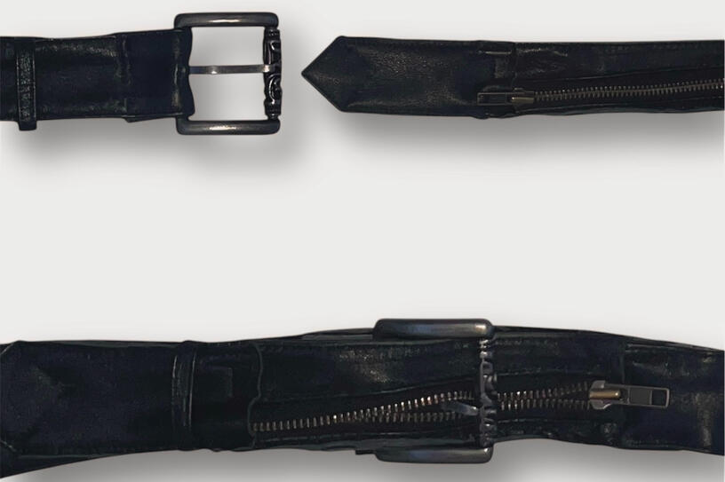 PRONGTARIAN BELT 06/24. UP-CYCLED FROM 1 PAIR OF SOVIET ERA LEATHER PANTS. 1/4